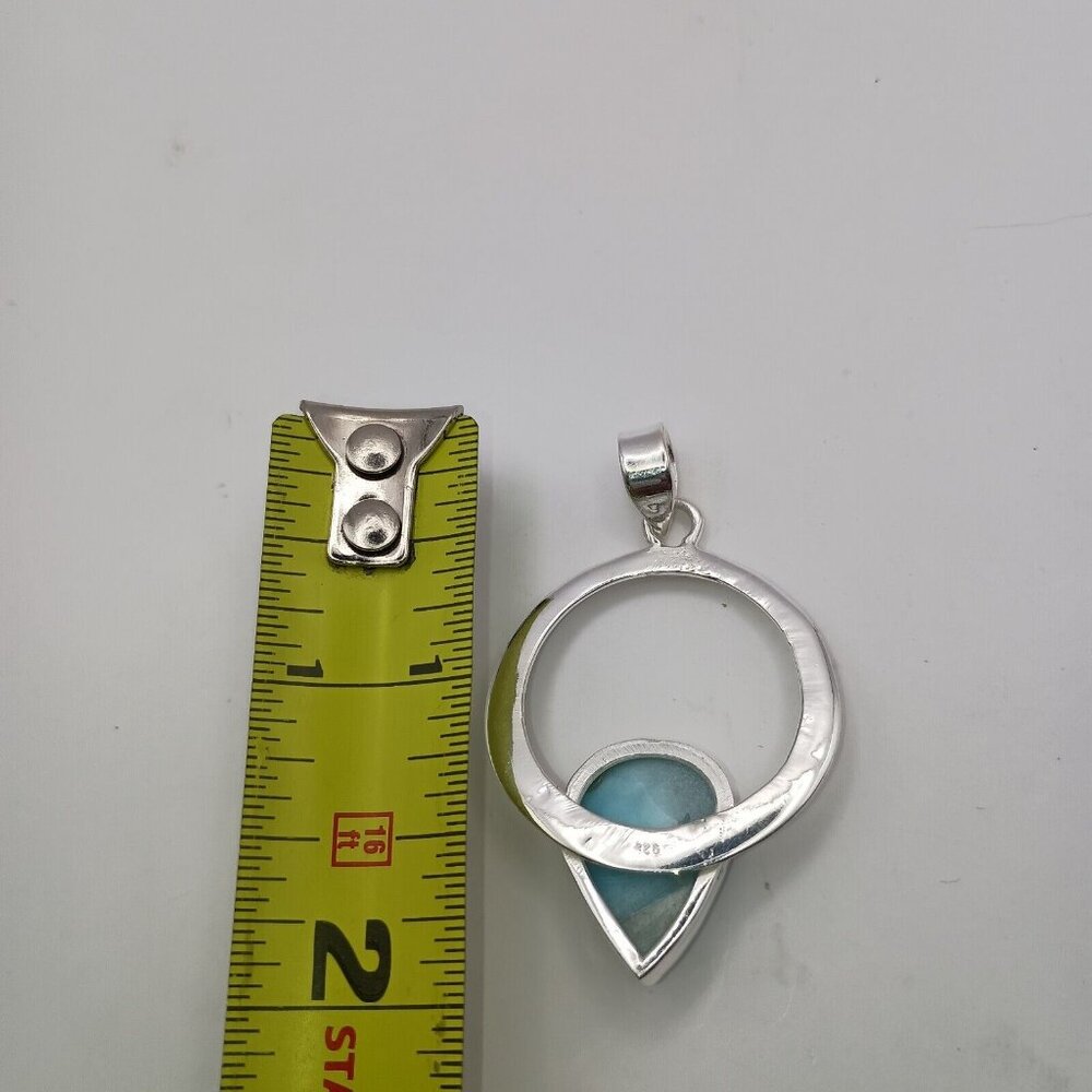 Blue Larimar Dolphin Stone Sterling Silver Pendant Circle Raindrop Teardrop - Picture 4 of 5